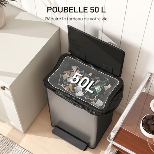 HOMCOM Poubelle Cuisine 50L, Acier Inoxydable, Couvercle Doux, Anti-Odeurs
