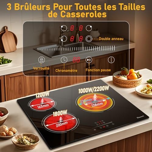 Plaque Induction 3 Feux avec Chauffage Double Anneau et Minuterie Intelligente