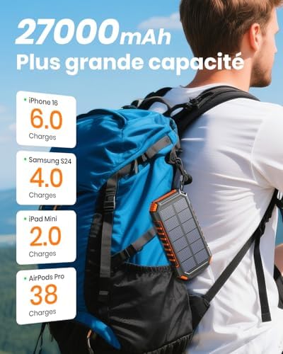 Chargeur Solaire Batterie Externe 27000mAh, Charge Rapide 22,5W, Orange
