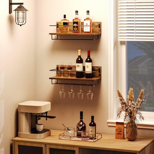 Porte-Bouteilles Muraux Range Bouteille Vin, Marron Rustique et Noir, Lot de 2