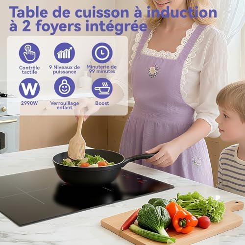 Plaque Induction 2 Feux Encastrable, 2990W, Noir, Commande Tactile