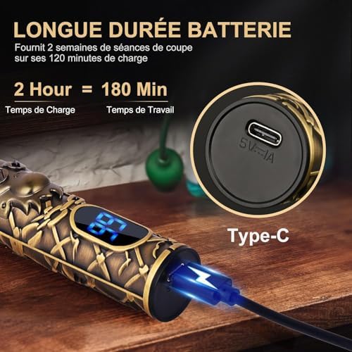 Tondeuse Cheveux et Barbe Professionnelle Sans Fil, USB Type-C, Kit Complet