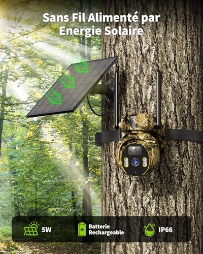 Caméra de Chasse Solaire 4G LTE, Vision Nocturne Colorée, Camouflage