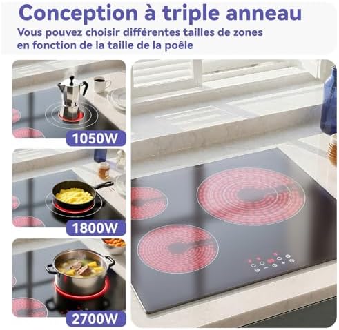 Plaque Vitrocéramique 3 Feux Induction, Triple Anneau, Noir, 59cm