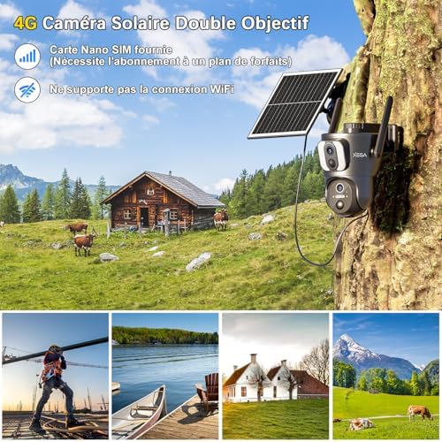 Caméra Solaire 4G LTE Double Objectif, Surveillance Extérieure 2K HD, Gris
