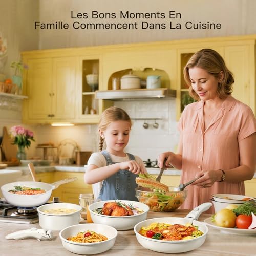 Batterie de Cuisine Antiadhésive en Céramique, Set de 7 Pièces, Blanc