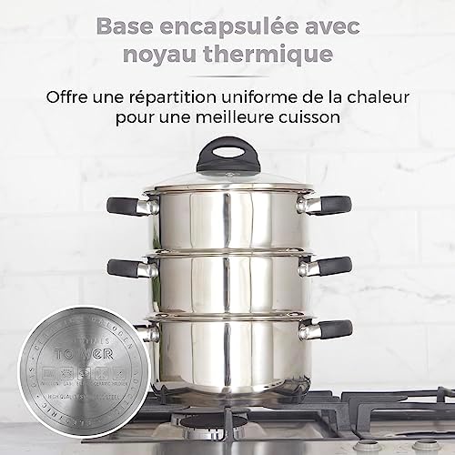 TOWER Cuiseur Vapeur à Induction, 3 Étages, Inox, 18 cm, Argenté