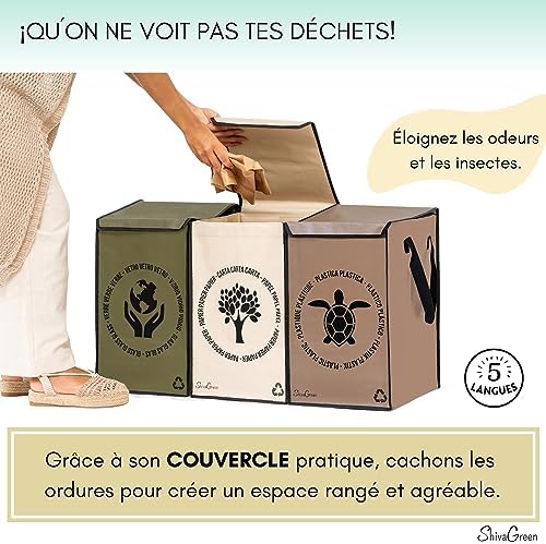 Shiva Green Poubelle Tri Sélectif FBAD1, 3 Bacs avec Sac et Couvercle, Plastique, Verre, Papier