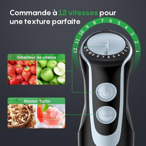 Fresko Mixeur Plongeur 4-en-1 HB3302, 1000W, 12 Vitesses, Acier Inoxydable