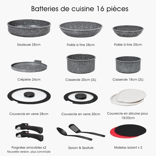 Batterie de Cuisine Induction avec Revêtement Céramique, Gris Cendré, 16 Pièces