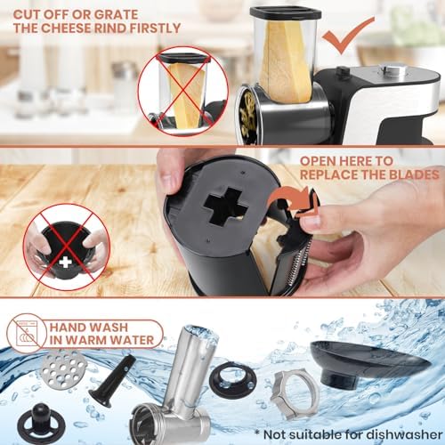 Parmedu Hachoir Électrique Multifonction CK008, Trancheuse et Râpe à Fromage, 12 Accessoires, Noir