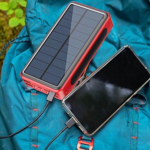 Batterie Externe Solaire 50000mAh, Chargeur Solaire avec 4 Sorties USB, Rouge