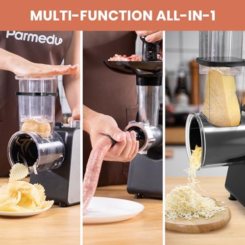Parmedu Hachoir Électrique Multifonction CK008, Trancheuse et Râpe à Fromage, 12 Accessoires, Noir