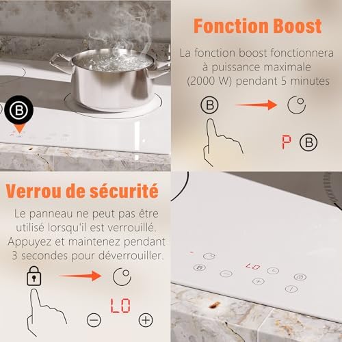 Plaque Induction 3 Feux, 60cm, Blanc, 3500W, Contrôle Tactile