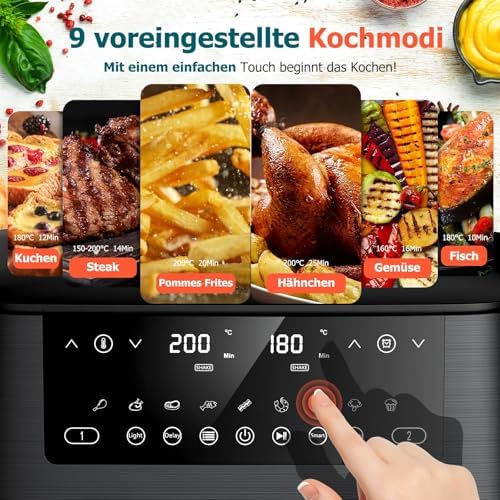 Air fryer grande capacité 9L avec deux paniers et technologie de cuisson avancée
