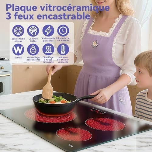 Plaque Vitrocéramique 3 Feux Induction, Triple Anneau, Noir, 59cm