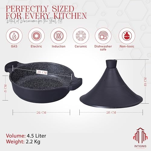 INTIGNIS Tajine Marocain 28 cm, Couvercle Auto-Arrosant, Induction, 4.2L, Antiadhésif