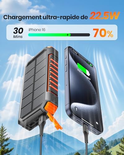 Chargeur Solaire Batterie Externe 27000mAh, Charge Rapide 22,5W, Orange