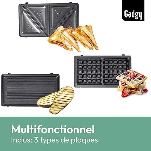 Gadgy Appareil à Croque Monsieur 3 en 1 GG0839, Plaques Détachables, Poignée Cool Touch
