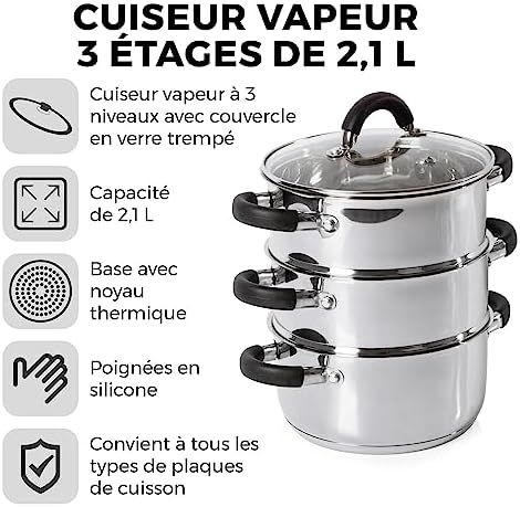 TOWER Cuiseur Vapeur à Induction, 3 Étages, Inox, 18 cm, Argenté