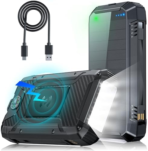 Batterie Externe Solaire 49800mAh, Charge Rapide PD30W avec Câbles Intégrés