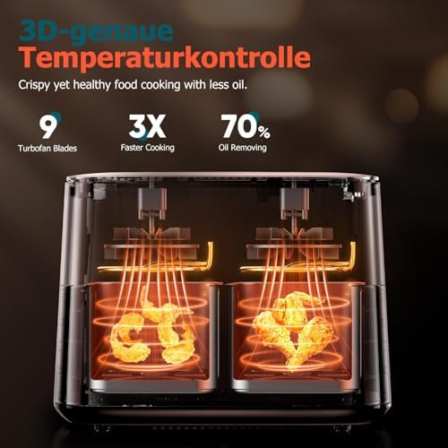 Air fryer grande capacité 9L avec deux paniers et technologie de cuisson avancée