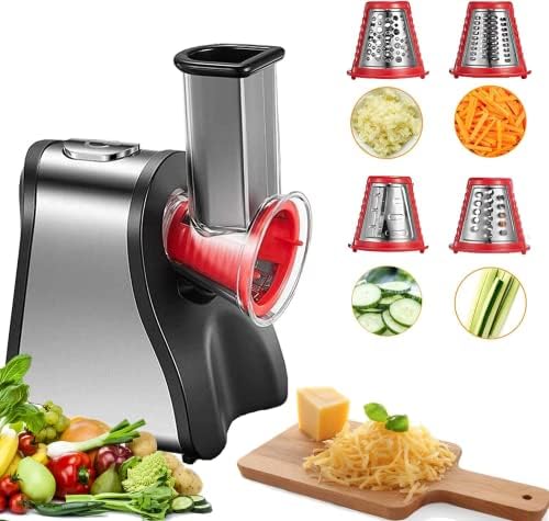FOHERE Râpe Légumes Électrique, Modèle 4 en 1, 200W, Acier Inoxydable, Rouge