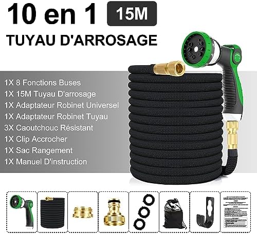 Tuyau d'Arrosage Extensible 15m, Flexible et Léger, Noir