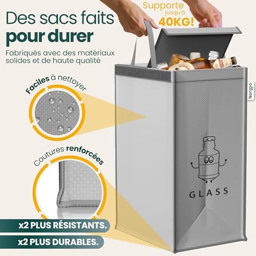 Norggo Poubelle Tri Sélectif 3 Bacs 40L, Sac Tri Sélectif Plastique, Papier et Verre