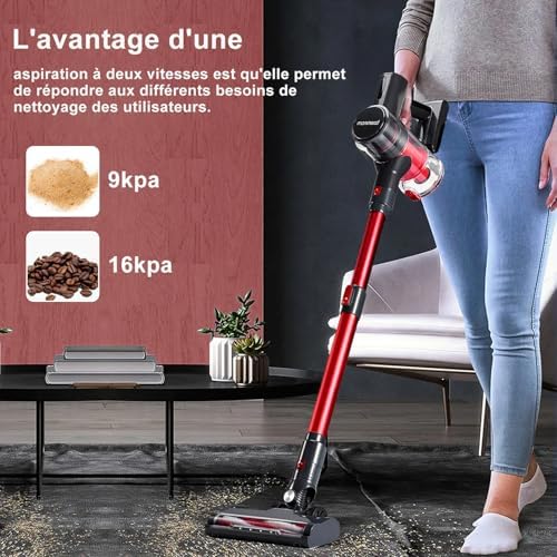 monmecd Aspirateur Balai sans Fil 4-en-1, 16Kpa, 150W, 50 Min Autonomie, LED
