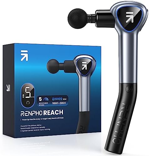 RENPHO Pistolet de Massage Musculaire, Reach Massage Gun, 5 Vitesses, 4 Têtes