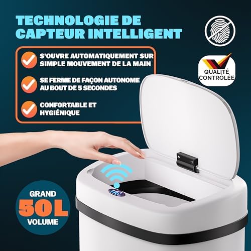 Monzana Poubelle Automatique 50L, Acier Inoxydable, Capteur de Mouvement, Blanc
