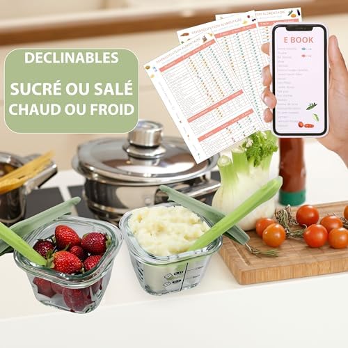 Lot de 6 Petits Pots en Verre Bébé 160ml avec Cuillère Incluse