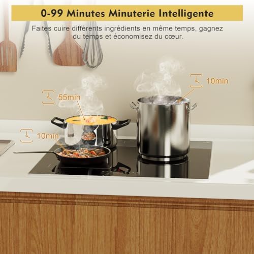 Plaque Induction 3 Feux Flexible 6800W, Verre Noir, Fonction Boost et Sécurité