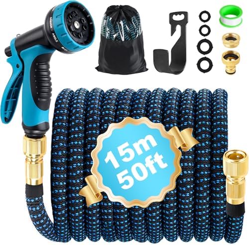 Tuyau Arrosage Extensible 15m, Tuyau d'arrosage Rétractable Noir et Bleu avec 10 Fonctions Pistolet