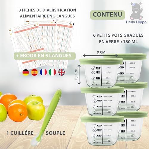 Lot de 6 Petits Pots en Verre Bébé 160ml avec Cuillère Incluse