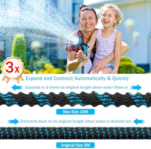 Tuyau Arrosage Extensible 15m, Tuyau d'arrosage Rétractable Noir et Bleu avec 10 Fonctions Pistolet