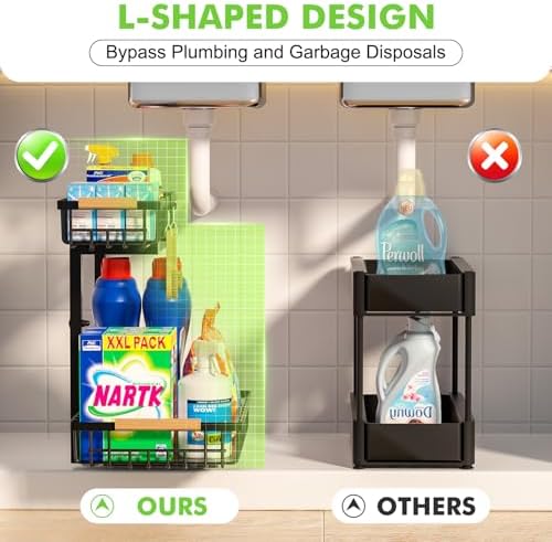 Organisateur sous Évier à Double Niveau, Design en L, Noir, Hauteur Ajustable