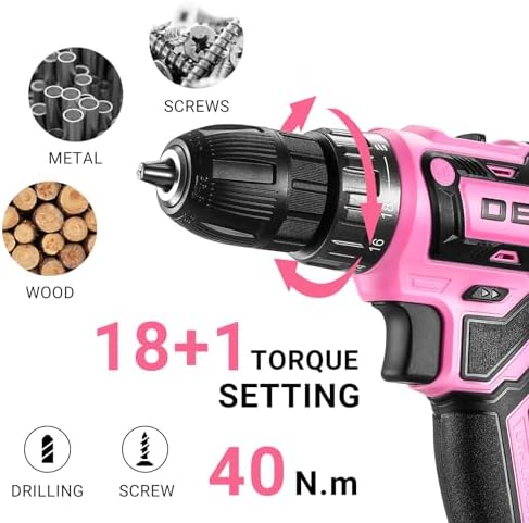 DEKOPRO Perceuse sans Fil 20V, Rose, Compacte et Légère pour Femmes