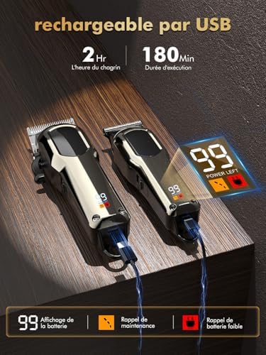 Tondeuse Cheveux et Barbe Homme, Rechargeable avec Affichage LED et 7 Peignes-Guides