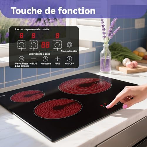 Plaque Vitrocéramique 3 Feux Induction, Triple Anneau, Noir, 59cm