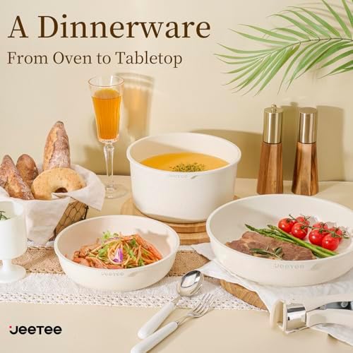 Batterie de Cuisine Antiadhésive 17 Pièces, Beige, Poignée Amovible