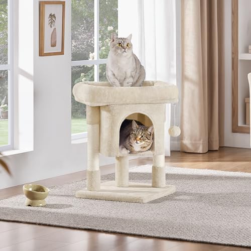 Arbre à Chat Design avec Niche et Plate-Forme, Beige, Hauteur 59cm