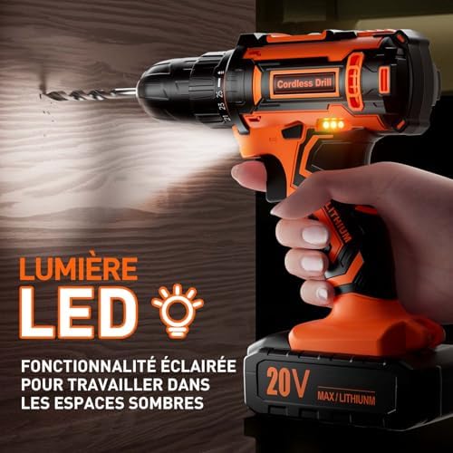 FAHEFANA Perceuse Visseuse Sans Fil 20V, 42Nm, 2 Batteries 2.0Ah, 24 Accessoires