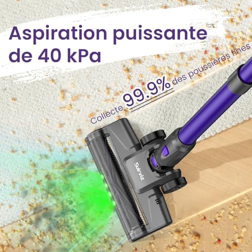 Suirviz Aspirateur sans Fil U8, 40kpa, 35 Min Autonomie, Lumière LED Verte
