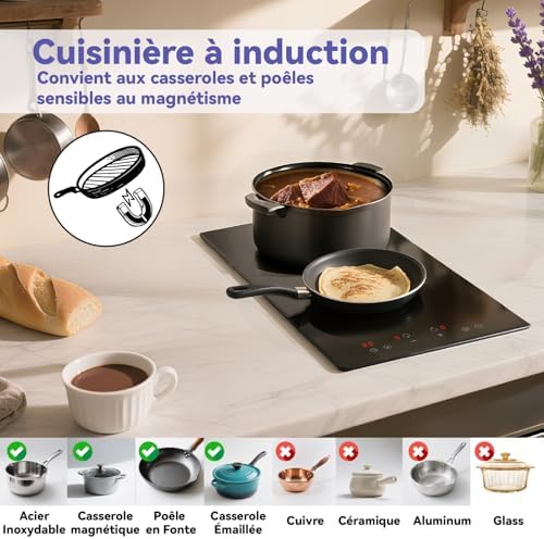 Plaque Induction 2 Feux Encastrable, 2990W, Noir, Commande Tactile