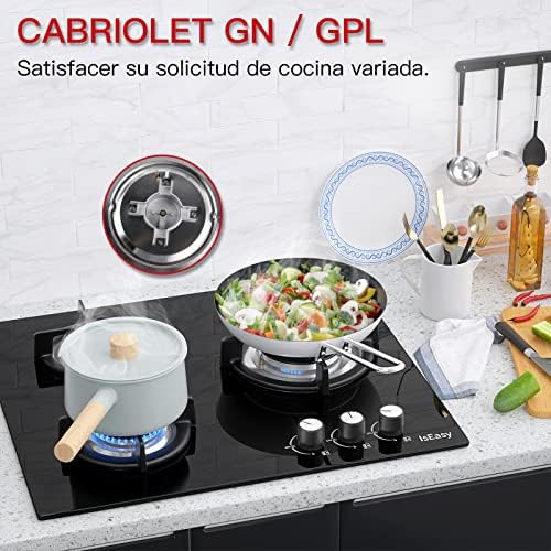 Plaque de Cuisson à Gaz 3 Feux, 60cm Encastrable, Verre Trempé