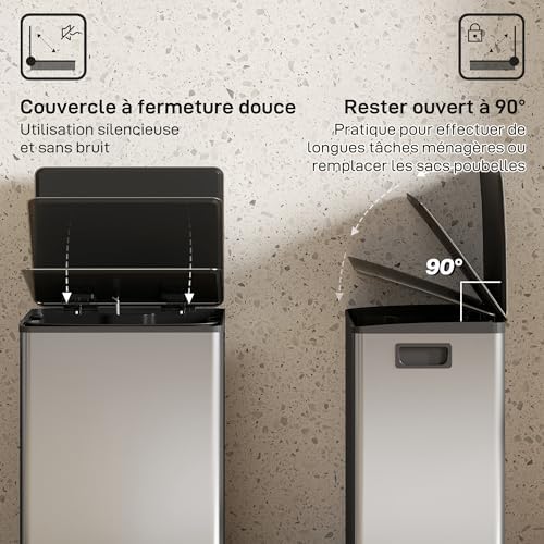 HOMCOM Poubelle Cuisine 50L, Acier Inoxydable, Couvercle Doux, Anti-Odeurs