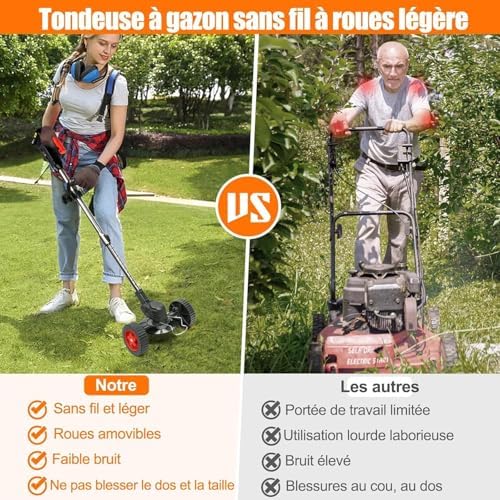 Débroussailleuse Électrique Sans Fil 21V, Coupe Bordure avec Roues et Lames Multiples
