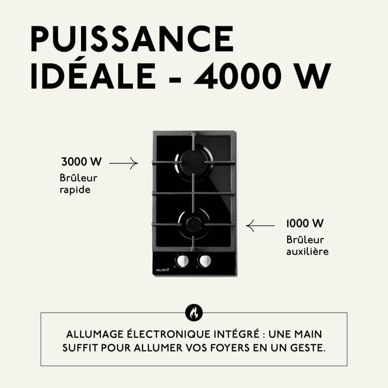 Plaque Induction 2 Feux, Verre Noir, Puissance 4000W, Gaz Naturel